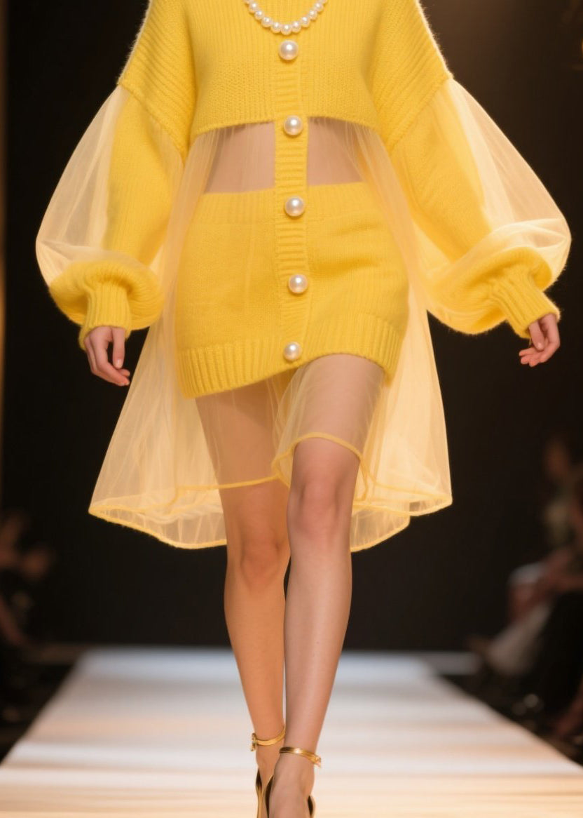 Tulle Mesh Pearl Button Puff Sleeve Ribbed Knit Patchwork Mini Dress