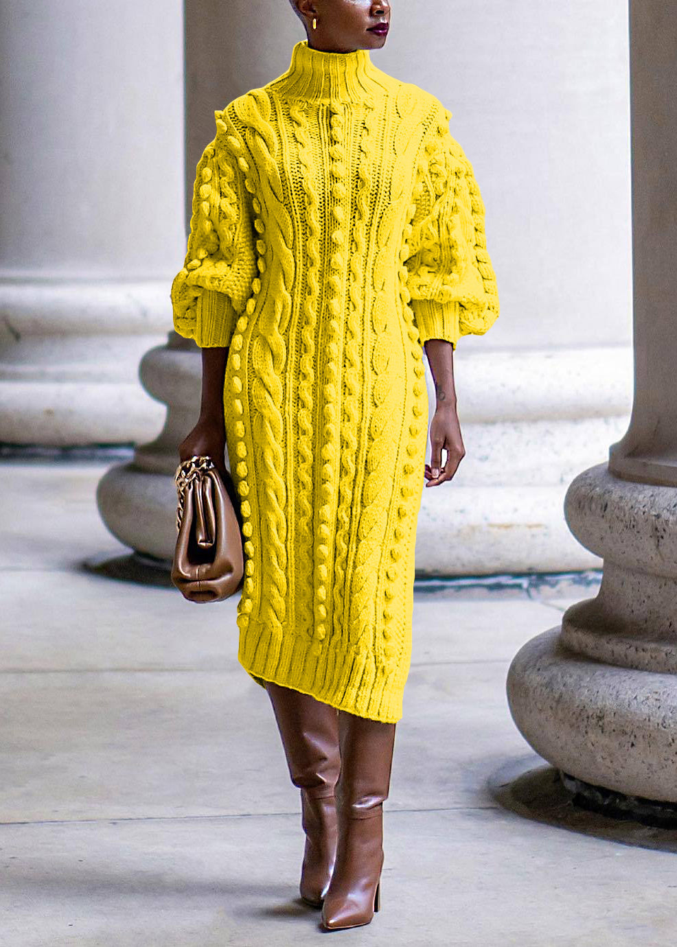 New Yellow Turtleneck Side Open Cable Knit Long Sweater Dress Bracelet Sleeve