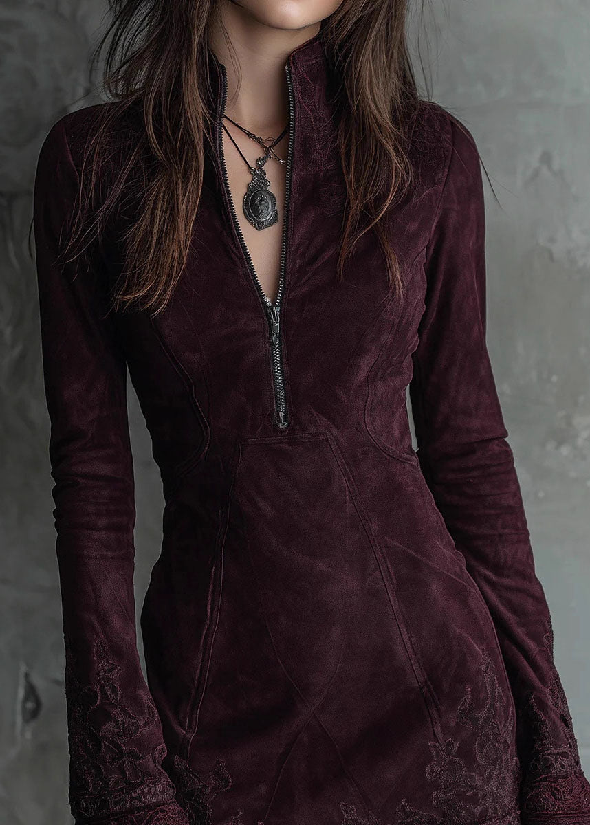 Faux Suede Zip Front Mock Neck Bell Sleeve Lace Trim Embroidered Mini Dress