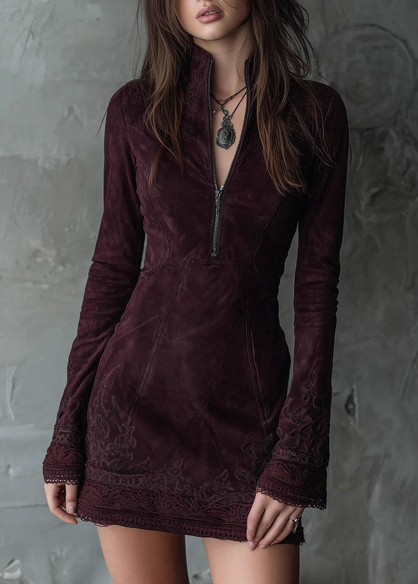Faux Suede Zip Front Mock Neck Bell Sleeve Lace Trim Embroidered Mini Dress