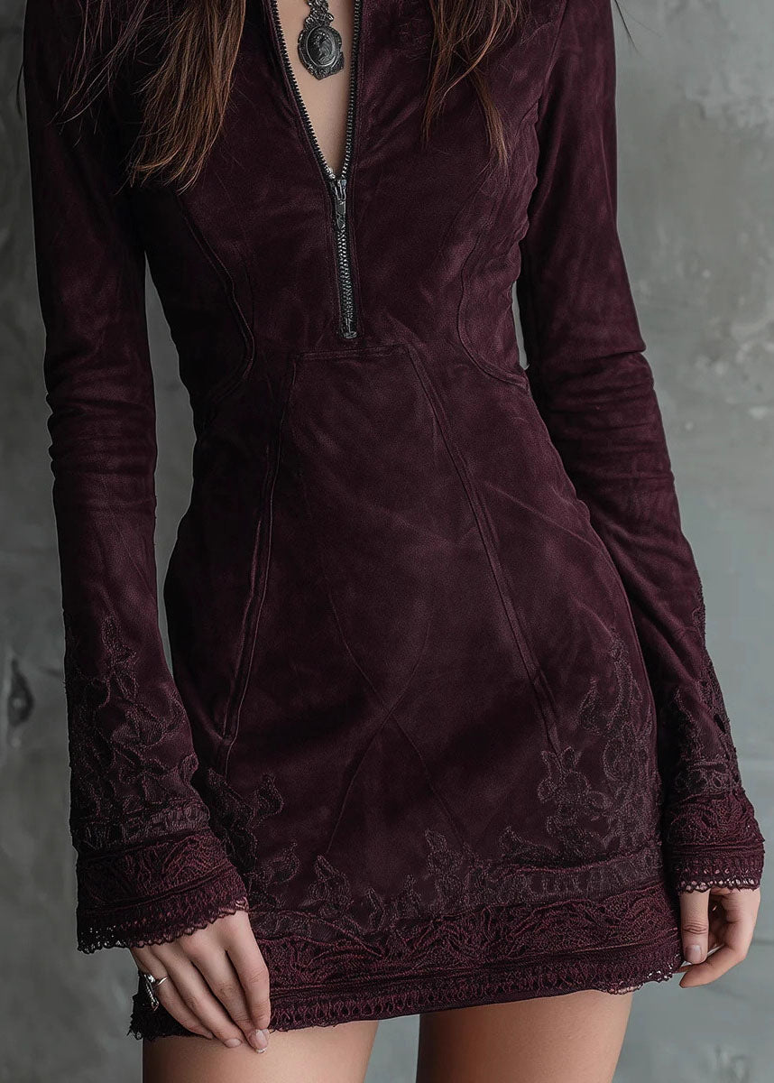 Faux Suede Zip Front Mock Neck Bell Sleeve Lace Trim Embroidered Mini Dress