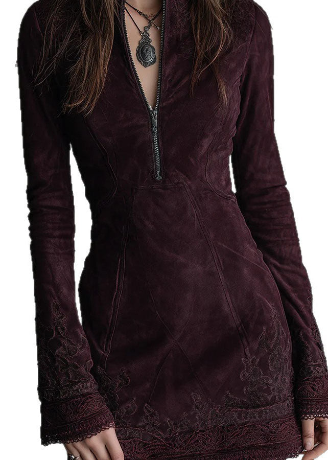 Faux Suede Zip Front Mock Neck Bell Sleeve Lace Trim Embroidered Mini Dress