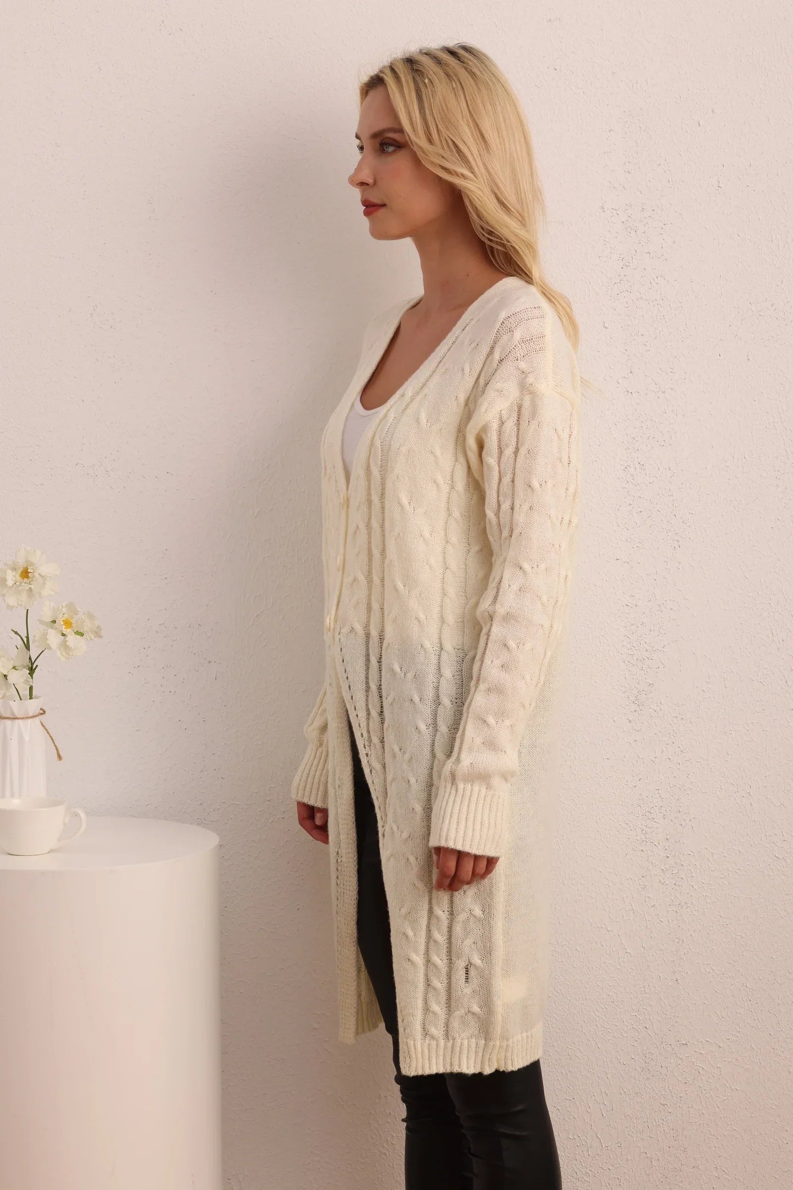 New Casual Long Knitted LongSleeved Twist Button Cardigan