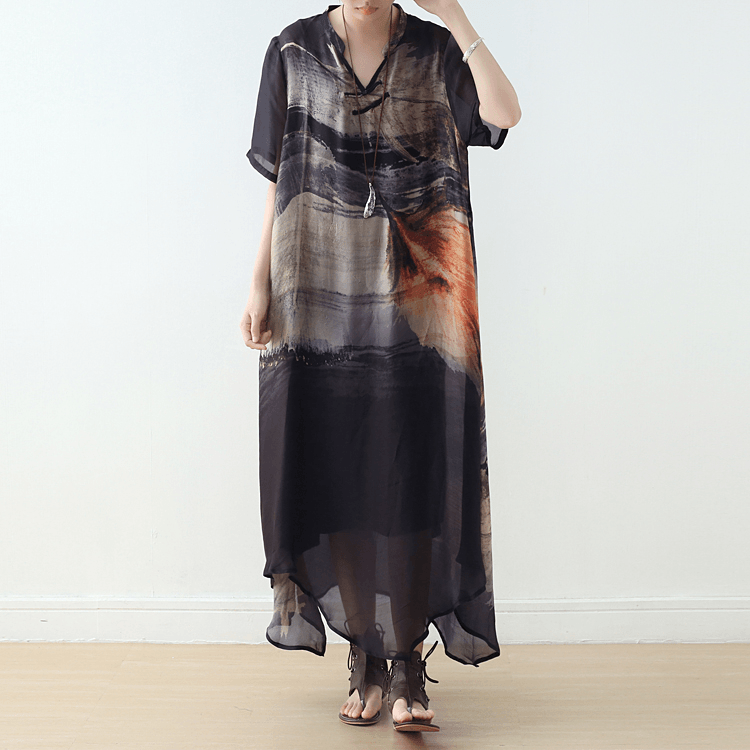 Abstract Print V-Neck Mandarin Collar Tie Neck Handkerchief Hem Maxi Dress