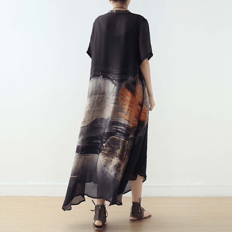 Abstract Print V-Neck Mandarin Collar Tie Neck Handkerchief Hem Maxi Dress