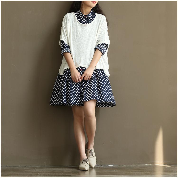 New blue dotted sundress plus size cotton summer dresses navy