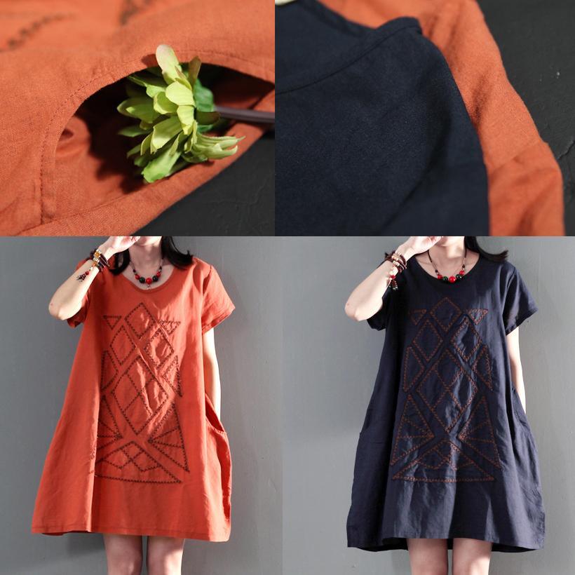 New orange linen sundress loose causal summer dresses short sleeve blouse