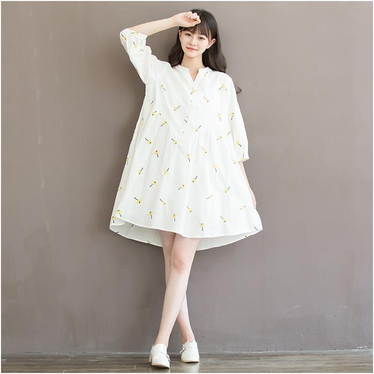 New white retro print cotton shift dress oversize shirt blouse sundress