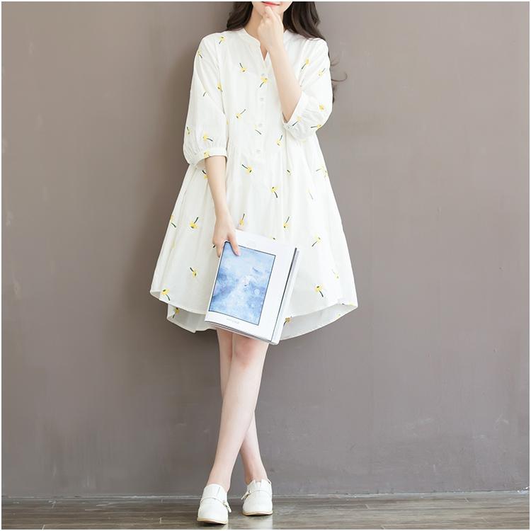 New white retro print cotton shift dress oversize shirt blouse sundress