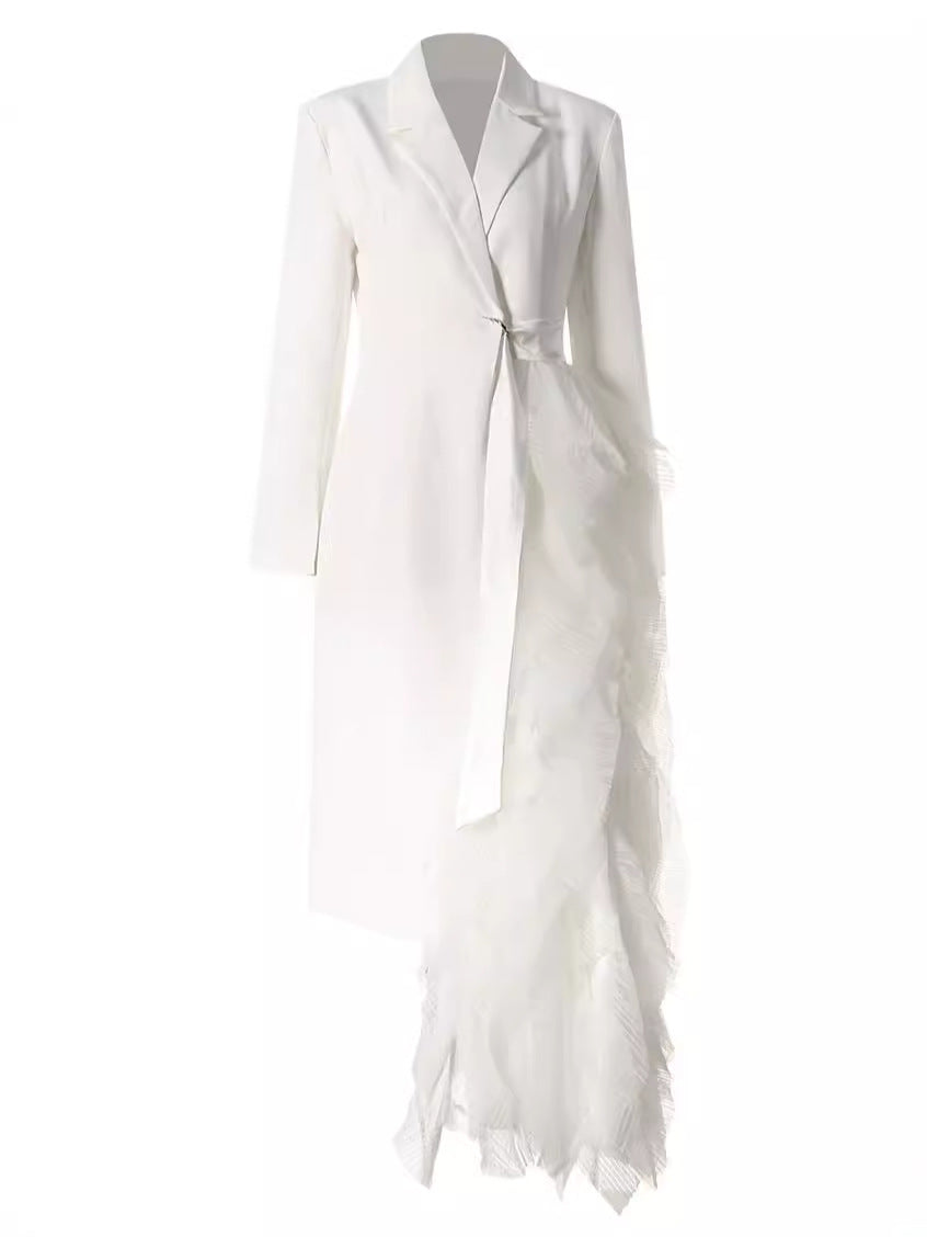 Lapel Collar Long Sleeve Pleated Tulle Ruffle Blazer Midi Dress 2