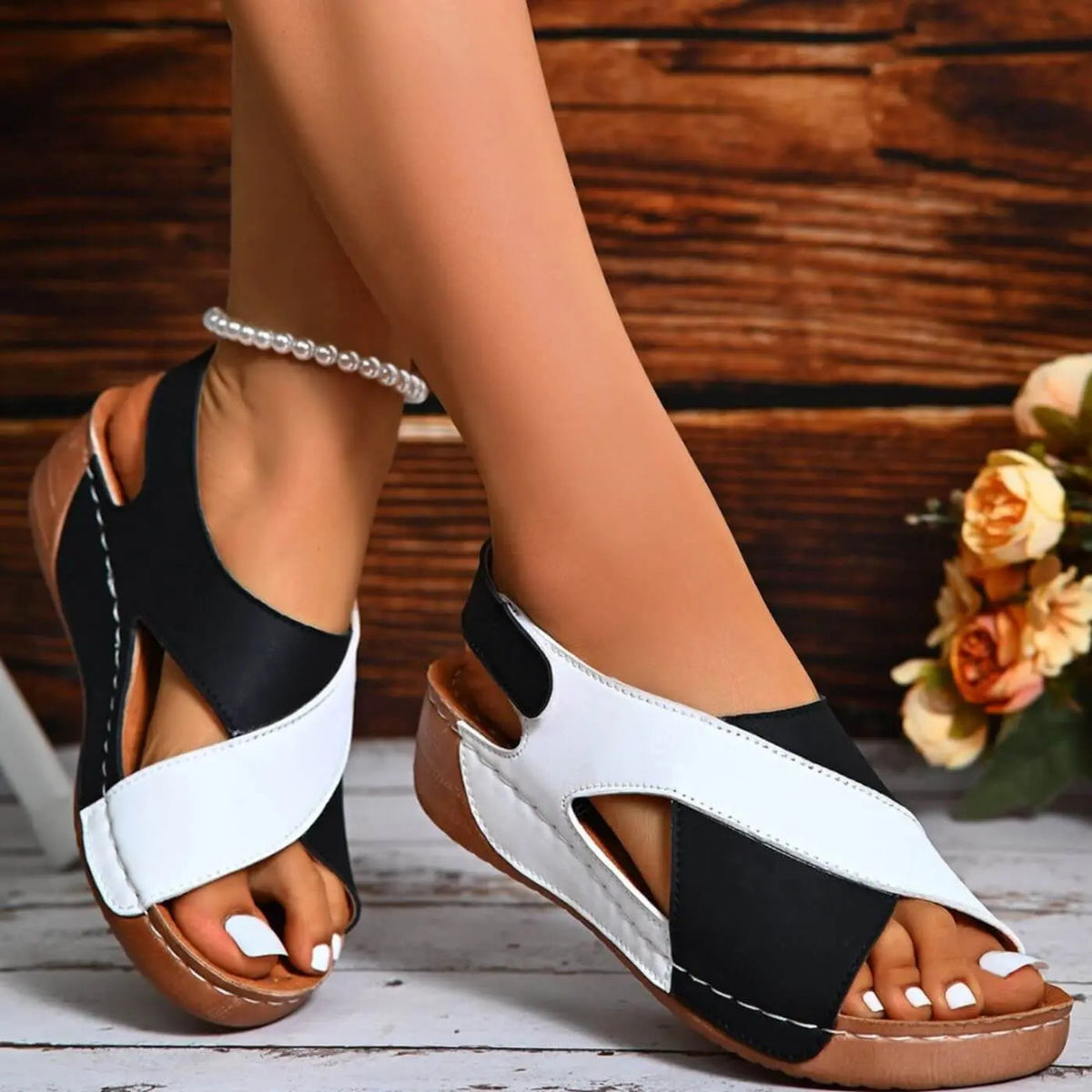 Open Toe Slingback Contrast Low Wedge Sandals