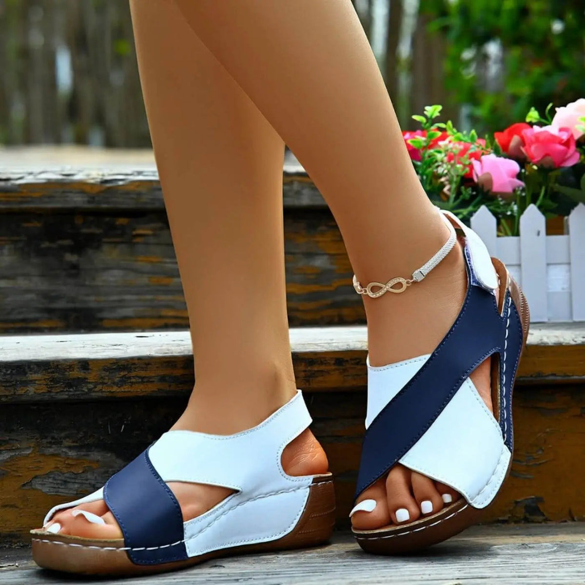 Open Toe Slingback Contrast Low Wedge Sandals