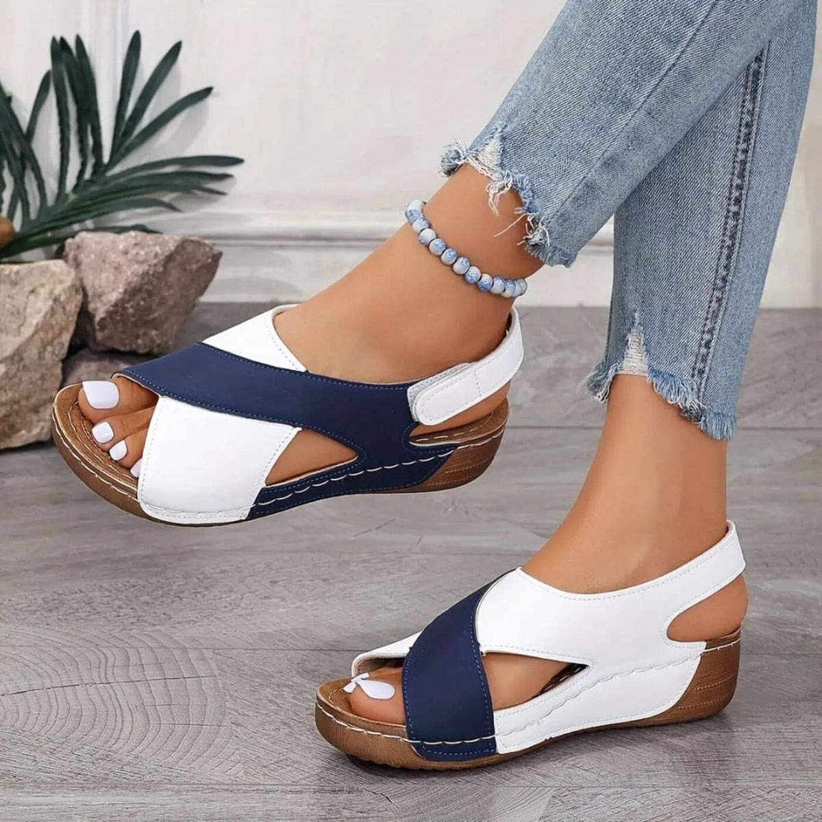 Open Toe Slingback Contrast Low Wedge Sandals