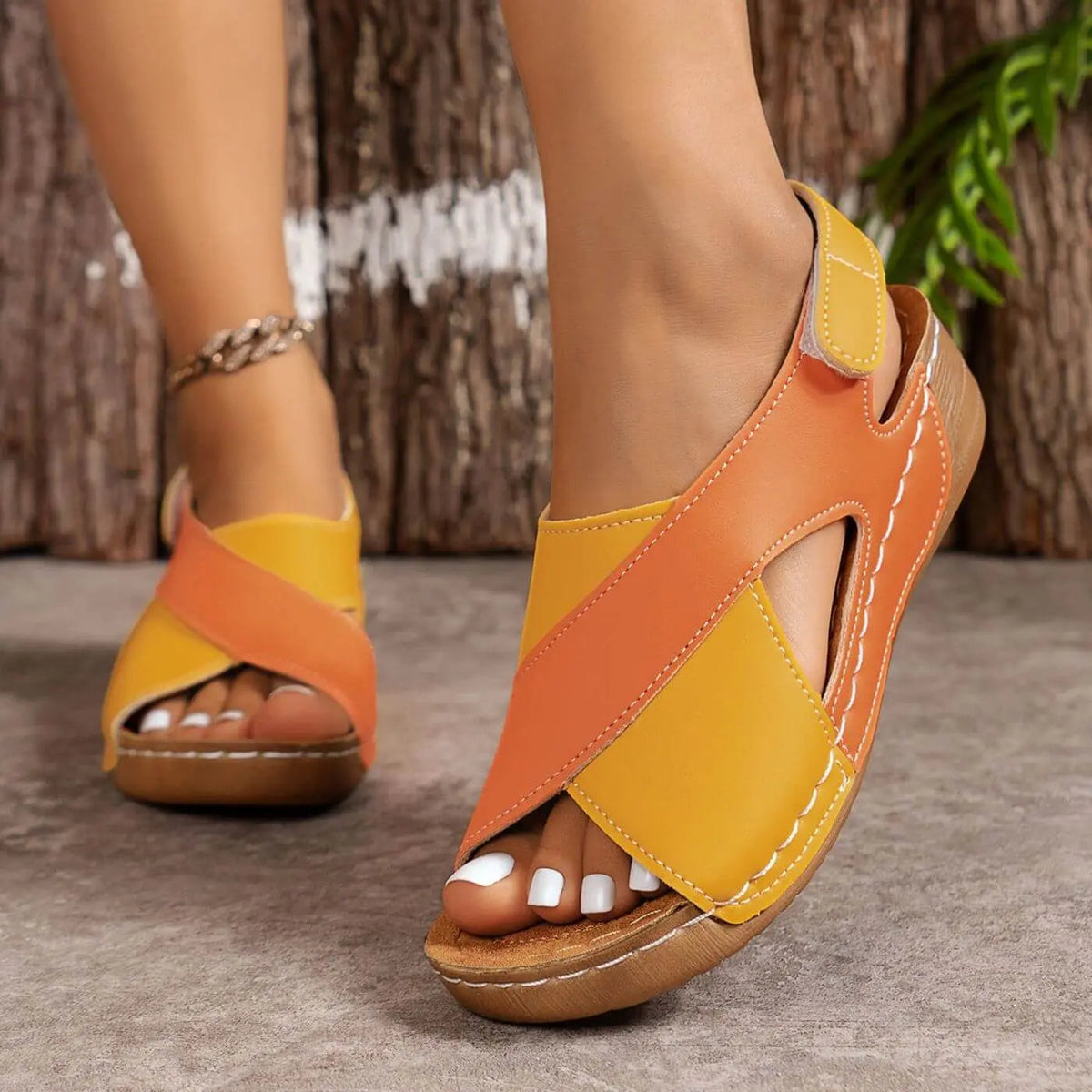 Open Toe Slingback Contrast Low Wedge Sandals
