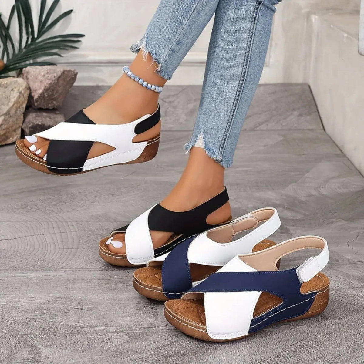 Open Toe Slingback Contrast Low Wedge Sandals