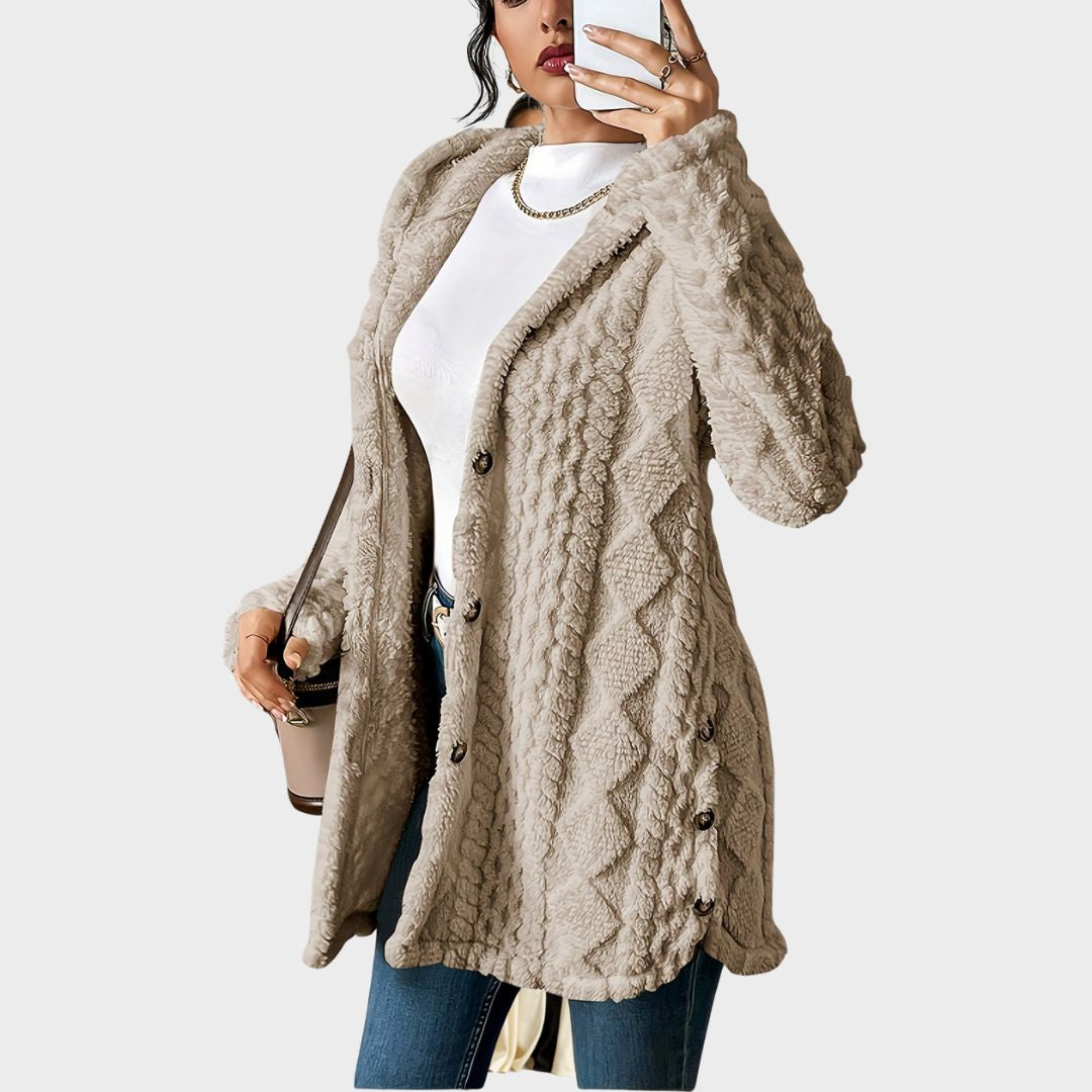 Textured Fleece Hooded Button Front Cardigan Coat