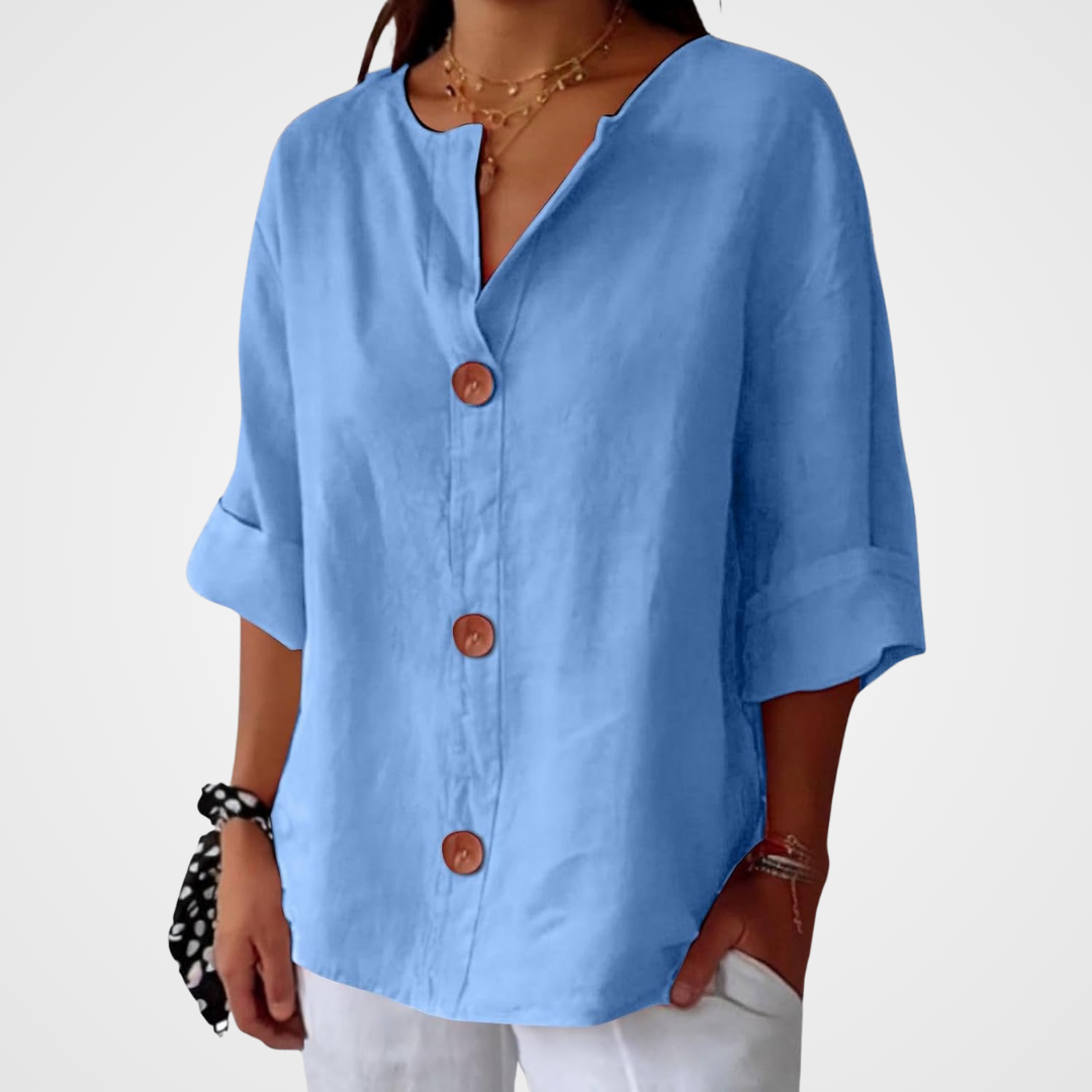 Split Neck Roll Sleeve Button Front Blouse