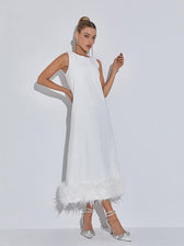 Nisha Feather Midi Dress In White 2