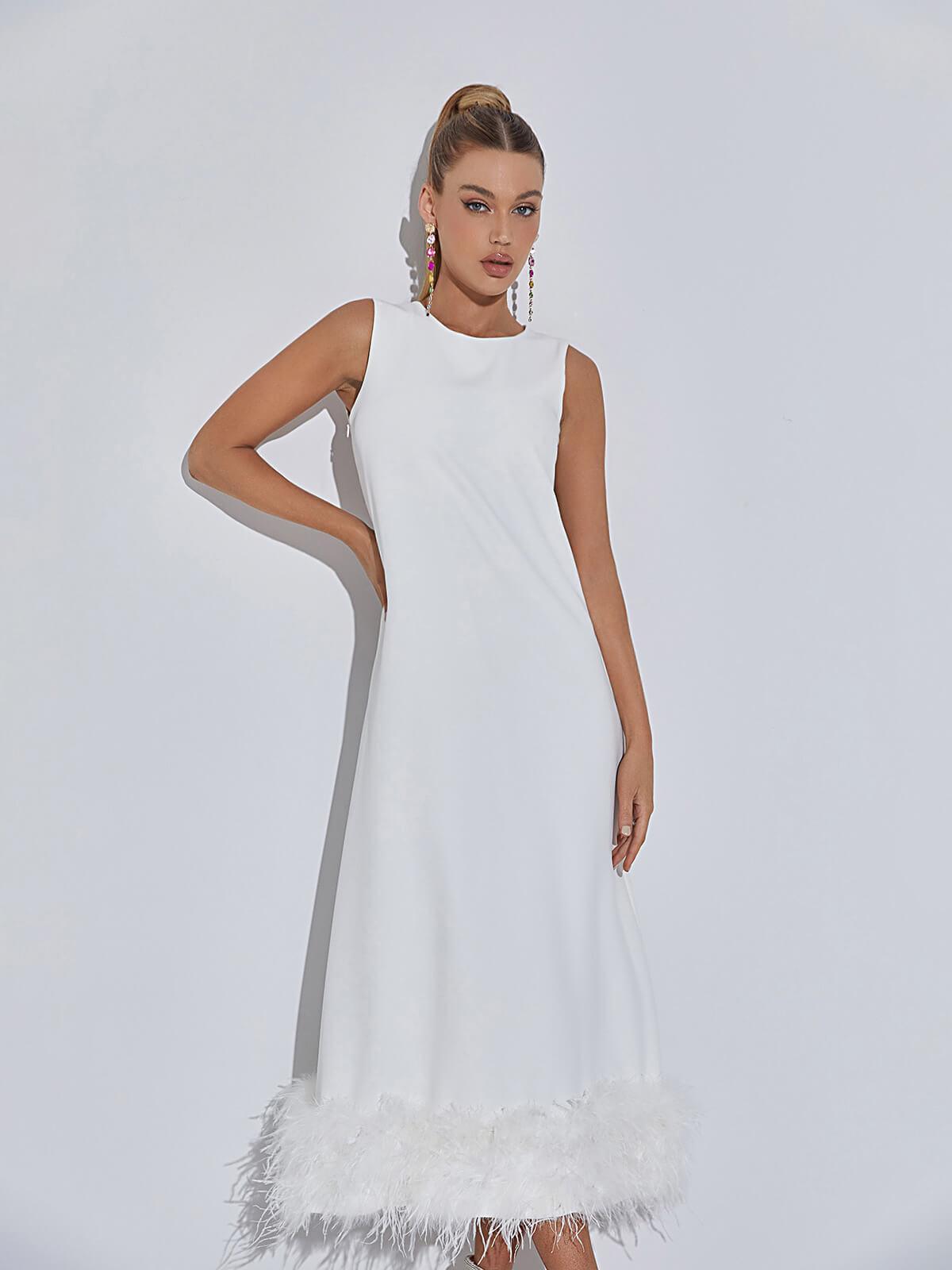 Nisha Feather Midi Dress In White 4
