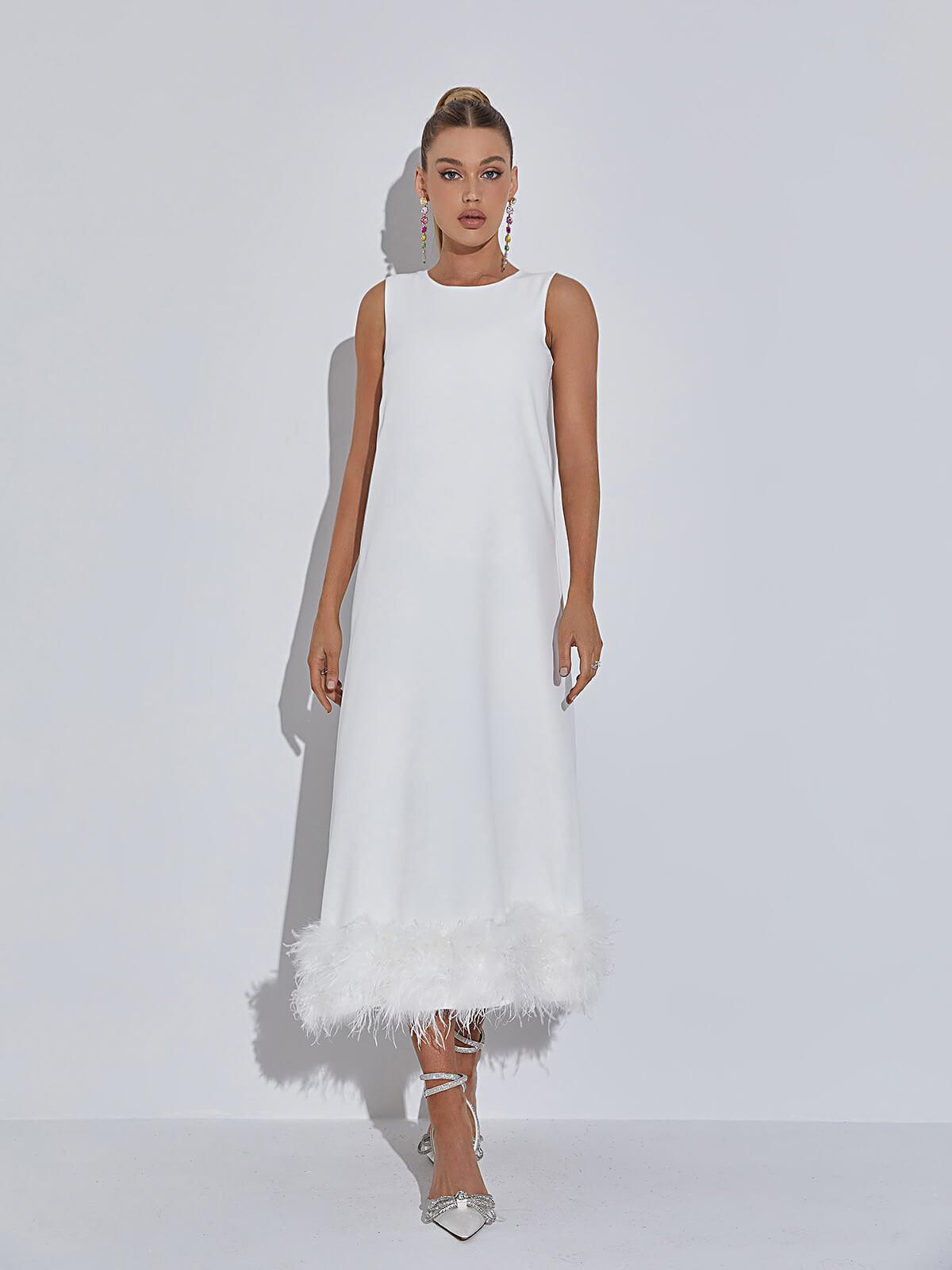 Sleeveless Round Neck Faux Feather Trim Hem Shift Midi Dress