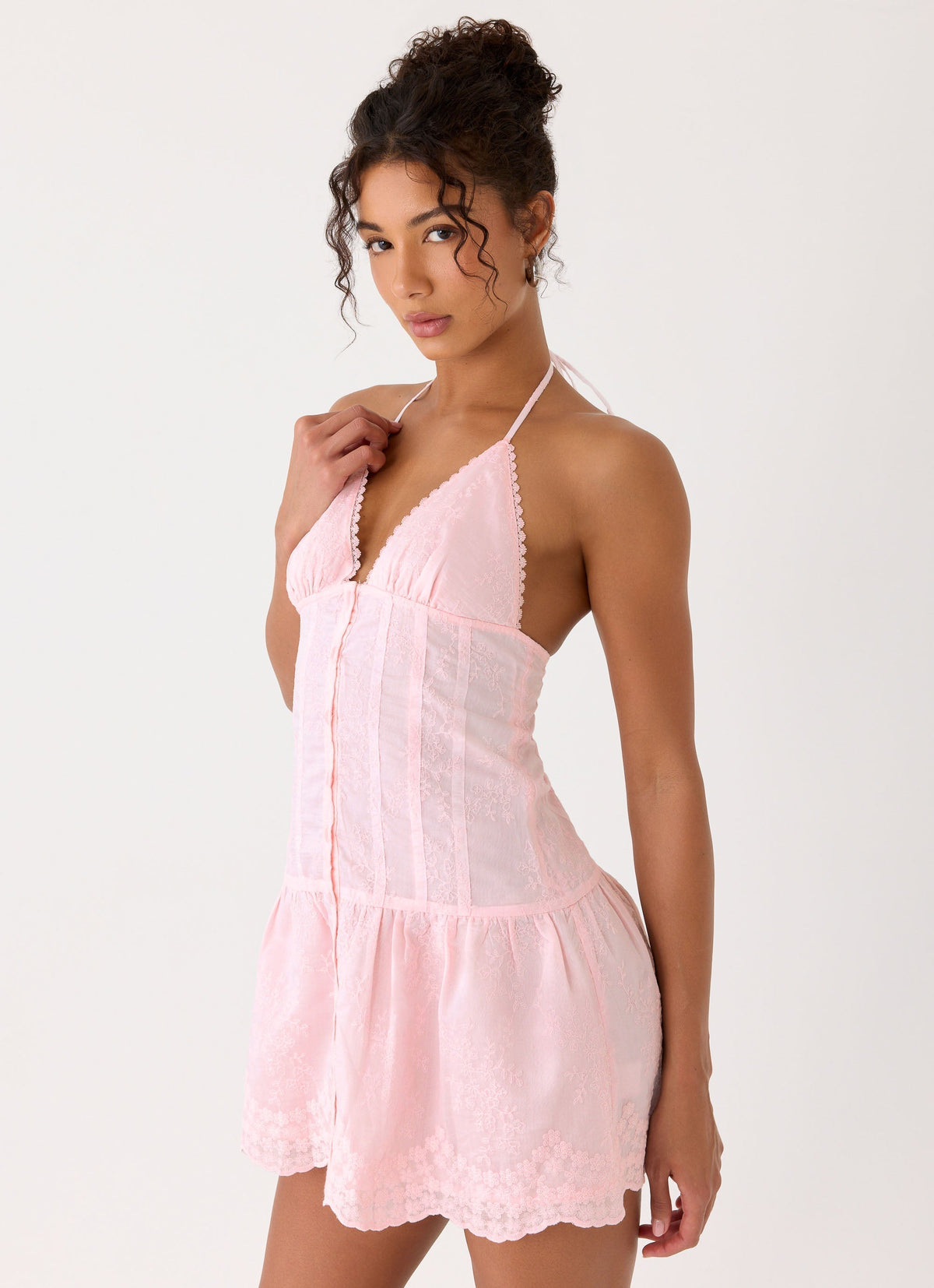 Embroidered Halter Neck Button Front Drop Waist Mini Dress 5