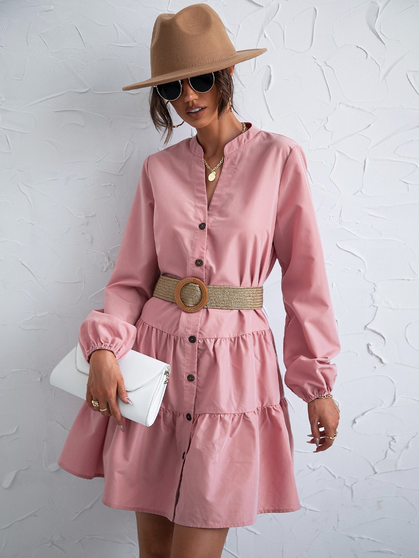 Notched Neck Button Front Dress Without Belt