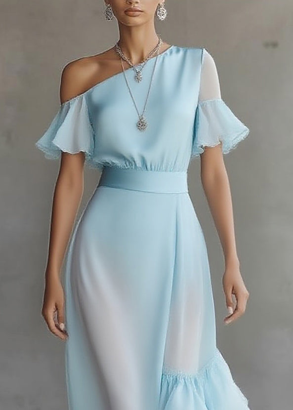 Novelty Blue Asymmetrical Patchwork Solid Chiffon Maxi Dress Butterfly Sleeve 2
