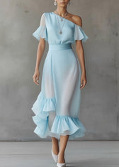 Novelty Blue Asymmetrical Patchwork Solid Chiffon Maxi Dress Butterfly Sleeve 3