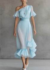 Novelty Blue Asymmetrical Patchwork Solid Chiffon Maxi Dress Butterfly Sleeve 5