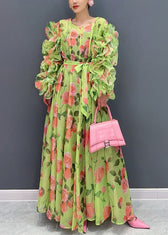 Novelty Green Ruffled Print Chiffon Dresses Long Sleeve 2