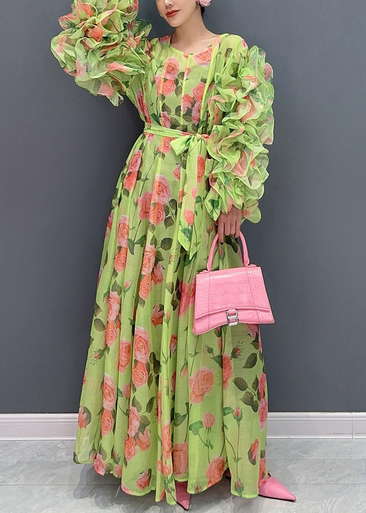 Novelty Green Ruffled Print Chiffon Dresses Long Sleeve 3