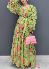 Novelty Green Ruffled Print Chiffon Dresses Long Sleeve 3