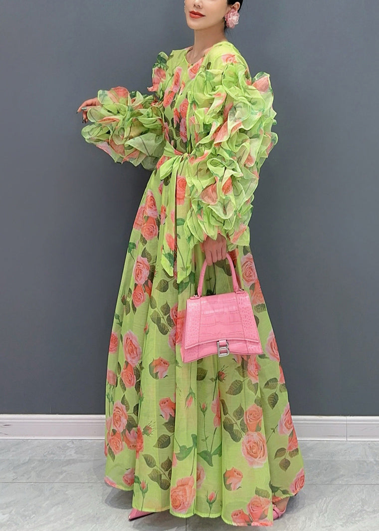 Novelty Green Ruffled Print Chiffon Dresses Long Sleeve 4