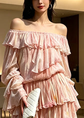 Novelty Pink Ruffled Patchwork Cold Shoulder Chiffon Mid Dress Long Sleeve 2