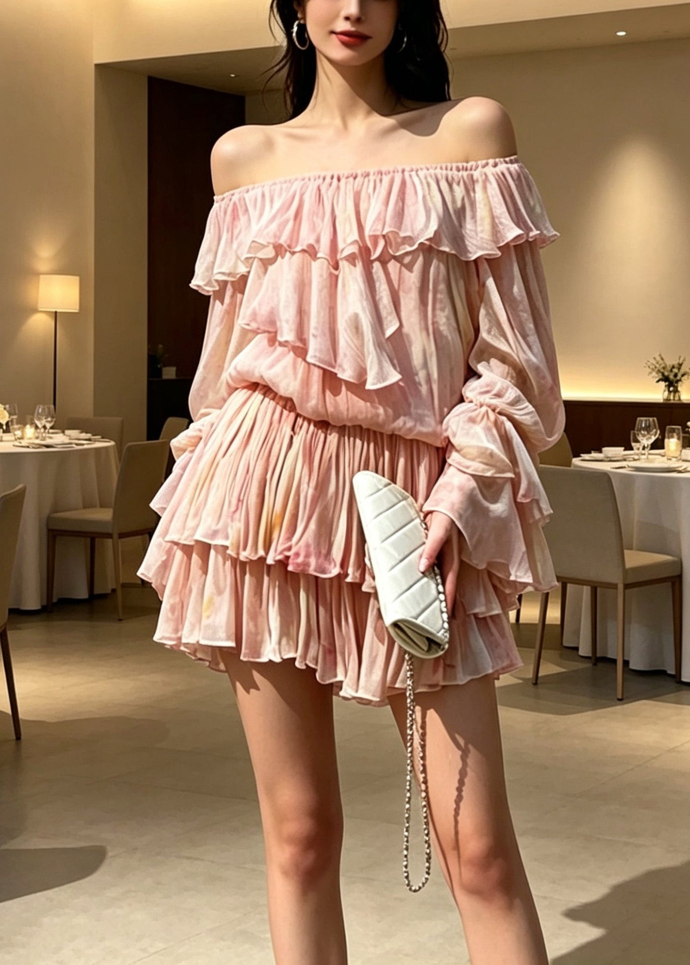 Novelty Pink Ruffled Patchwork Cold Shoulder Chiffon Mid Dress Long Sleeve 3