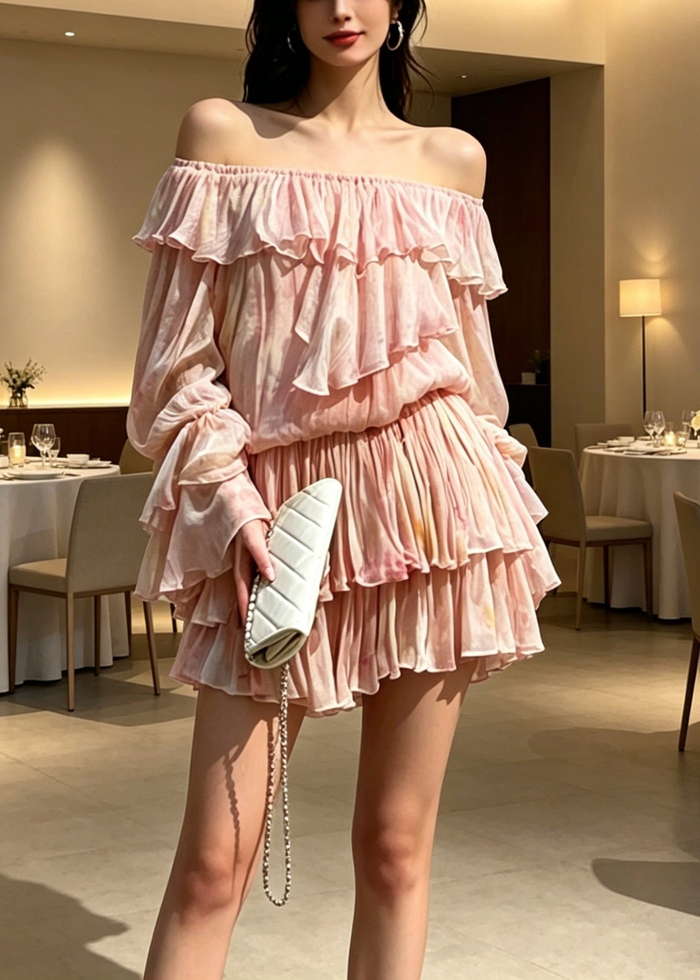 Novelty Pink Ruffled Patchwork Cold Shoulder Chiffon Mid Dress Long Sleeve 5