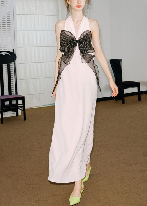Novelty Pink V Neck Bow Satin Maxi Dresses Summer 2