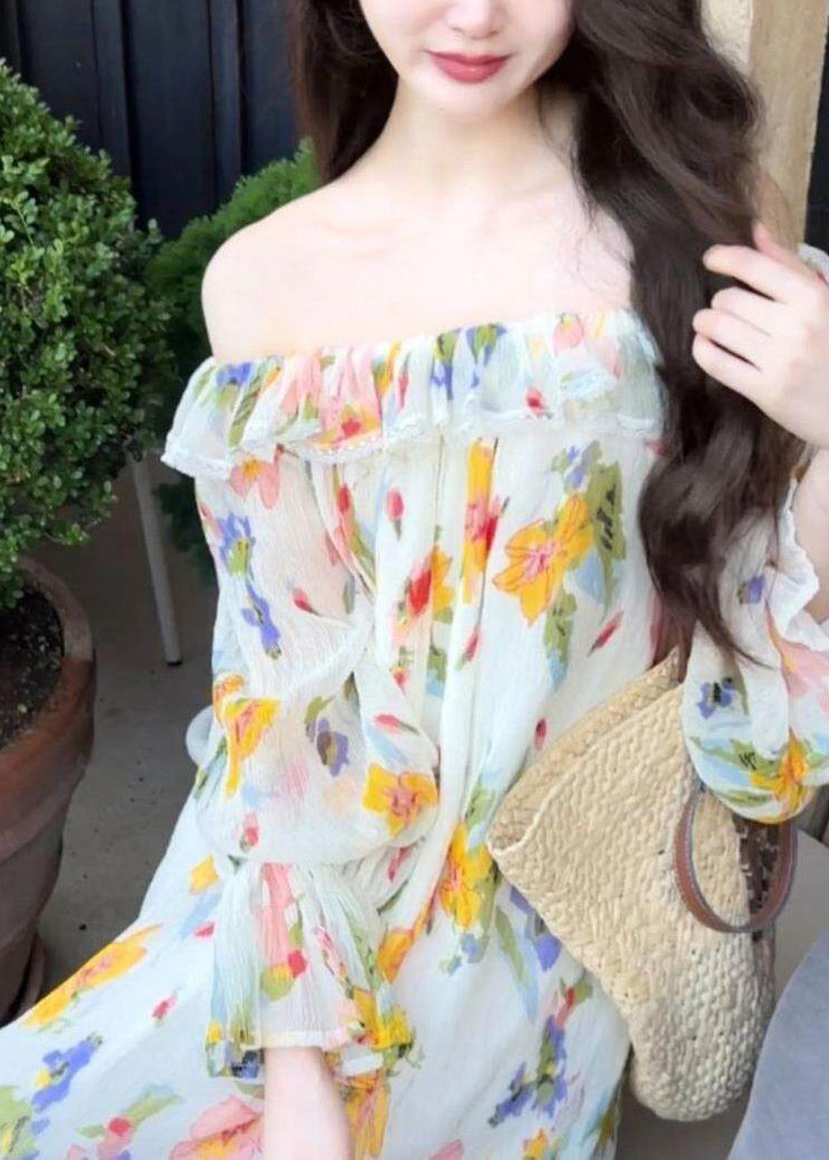 Novelty Slash Neck Chiffon Maxi Dress Patchwork Wrinkled Fall