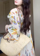 Novelty Slash Neck Chiffon Maxi Dress Patchwork Wrinkled Fall 5