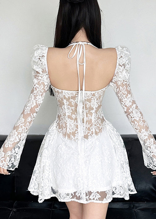 Novelty White Lace Up High Waist Lace Mini Dress Spring - View 5