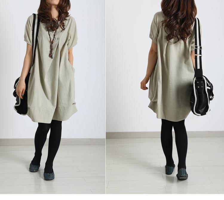 Nude linen dress unique beige oversize cotton summer dress