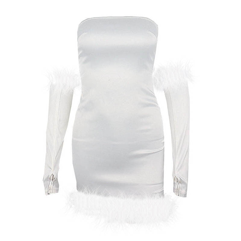 Satin Strapless Faux Fur Trim Bodycon Mini Dress with Gloves 4