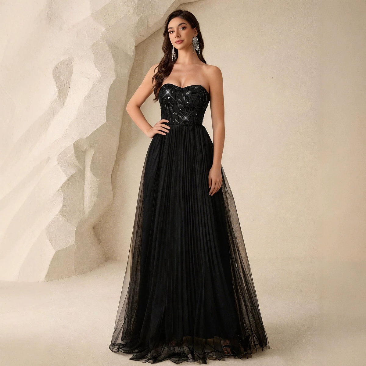 Evening Dress Tube Top Ball Elegant Mesh Sequ Back Strap Back Zipper Large A Swing Dress