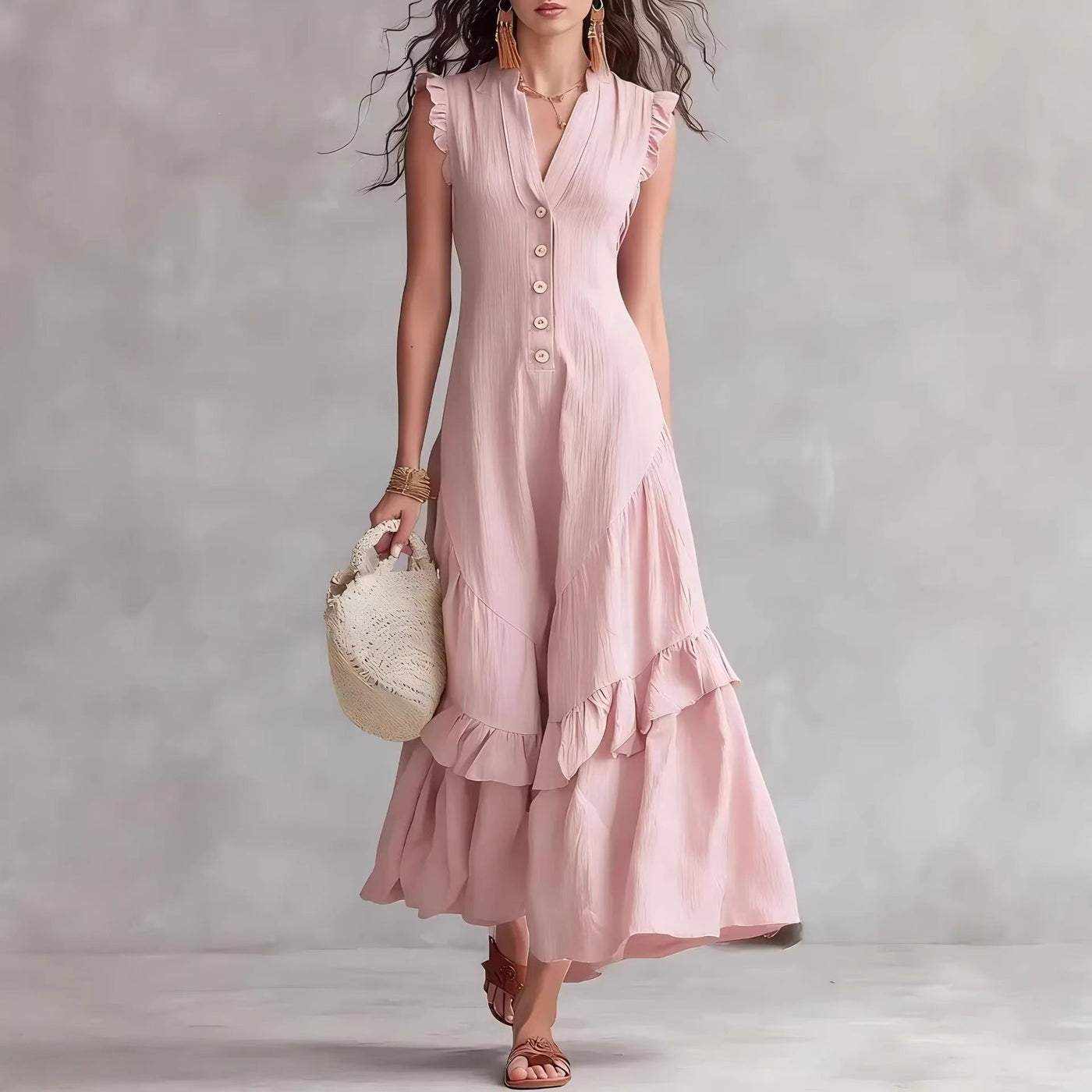 V-Neck Ruffle Sleeve Button Front Tiered Maxi Dress