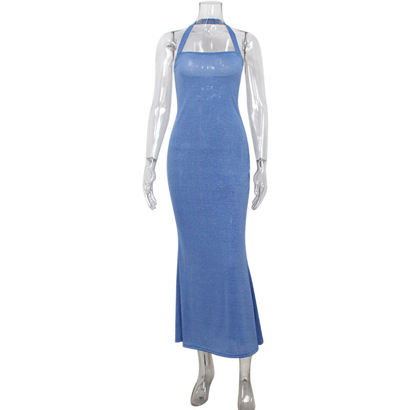 Off Neck Halter Graceful Tube Top Waist Slimming Bright Silk Fishtail Sheath Dress