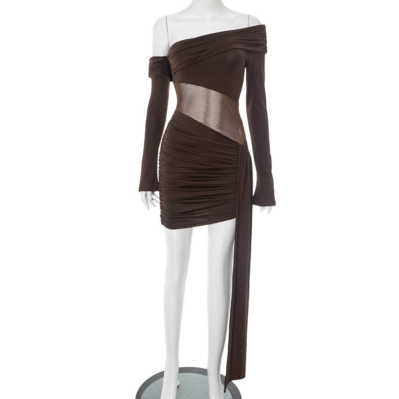 Off Shoulder Long Sleeve Sheer Mesh Panel Ruched Draped Mini Dress 6