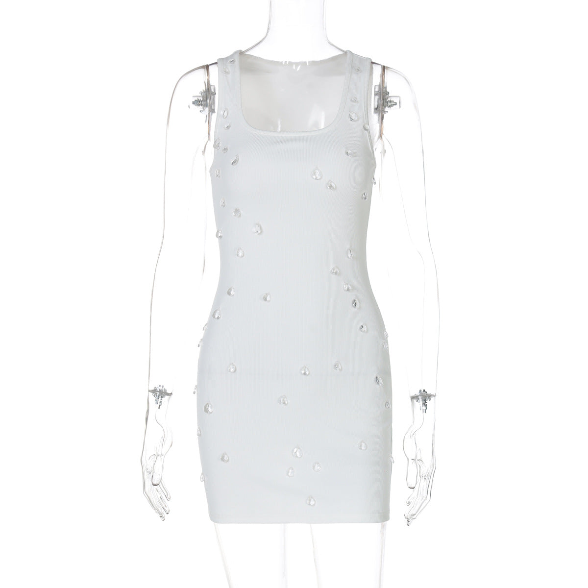 Square Neck Sleeveless Rhinestone Embellished Ribbed Knit Bodycon Mini Dress 3
