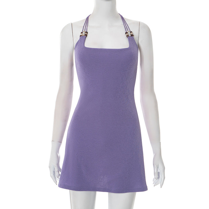 Halter Neck Scoop Front Beaded Strap Bodycon Mini Dress 2