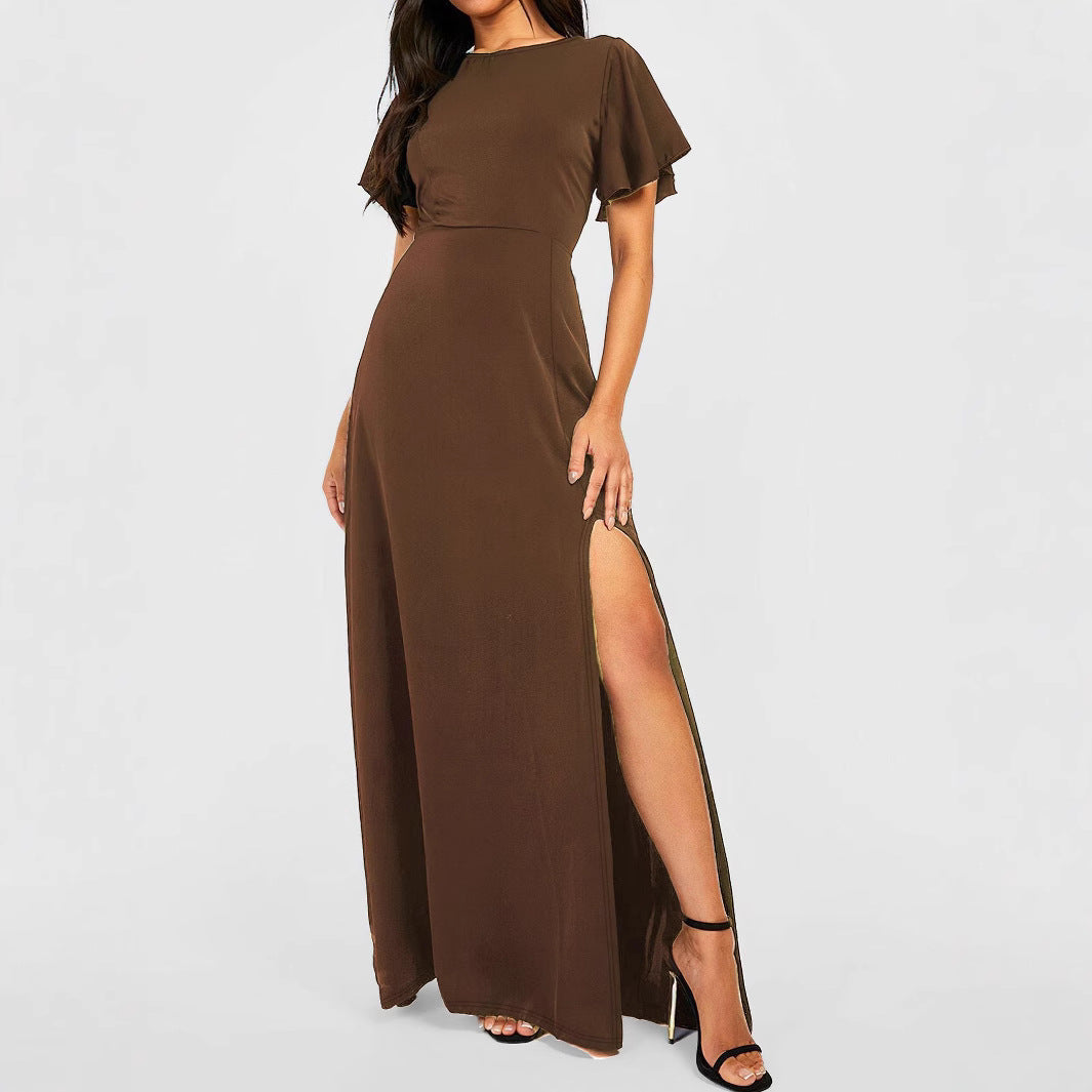 Round Neck Flutter Sleeve High Split A-Line Maxi Dress 3