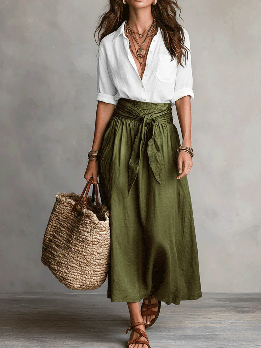 Button Front Shirt and Tie Waist Maxi Skirt Two Piece Set